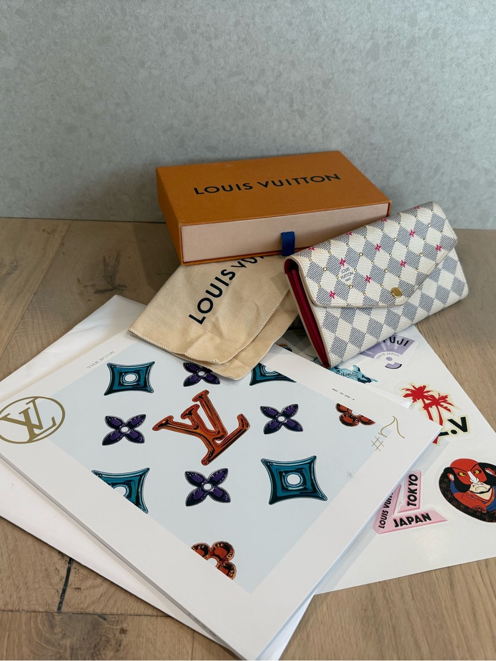 Louis Vuitton Damier Azur Envelope Wallet with Pink Motifs